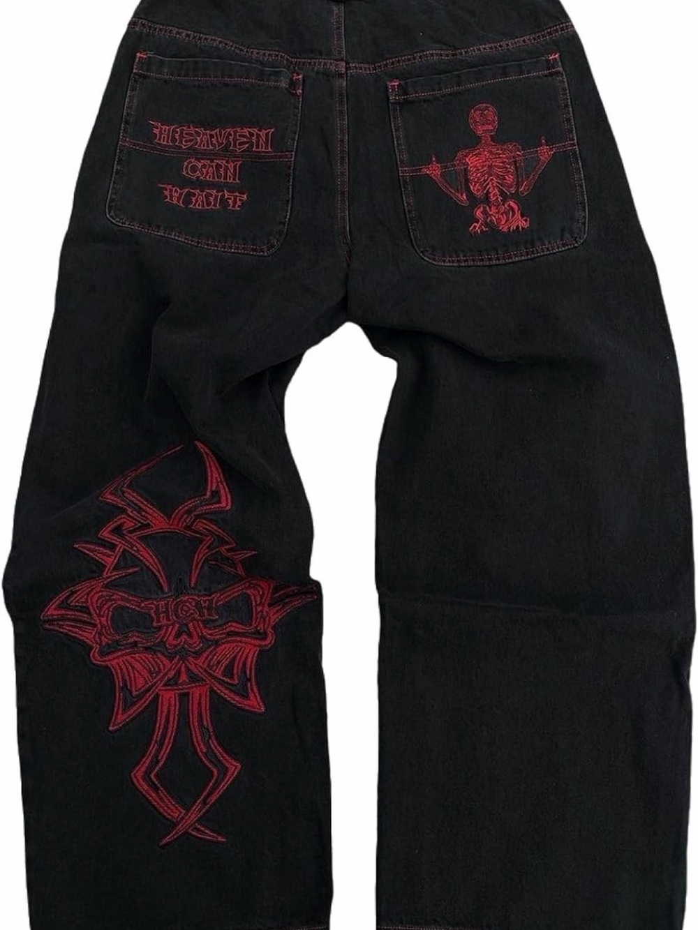 Men's Black Jeans 34W  with Red Gothic Embroidery